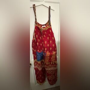 Red Block Print Kantha jumper with Blue Patch Pockets